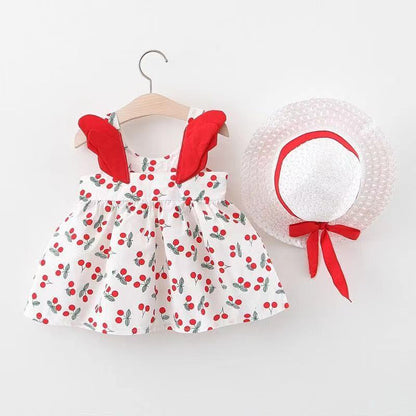 Polka Playtime: Girl’s Polka Dot Beach Princess Dress with Angelic Wing Sleeves & Matching Sun Hat