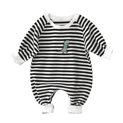 Male And Female Baby Cartoon Striped Dinosaur Embroidery Long-Sleeved Jumpsuit