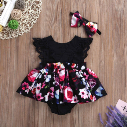 Foreign Trade European Beauty Baby One-Piece Ha Skirt Romper Summer Short-Sleeved New Style Flying Sleeve Flower Children's Print