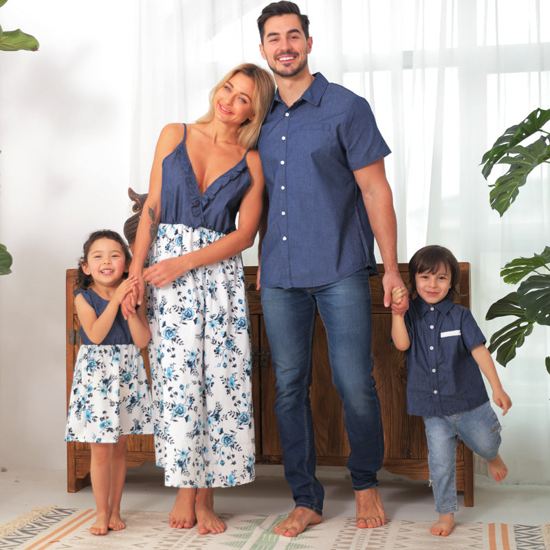 Family Matching Family Denim Sling Skirt Baby Girl Mom Dad Boy Boy Shirt Parent-Child