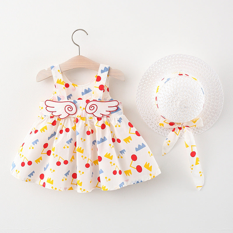 Polka Playtime: Girl’s Polka Dot Beach Princess Dress with Angelic Wing Sleeves & Matching Sun Hat