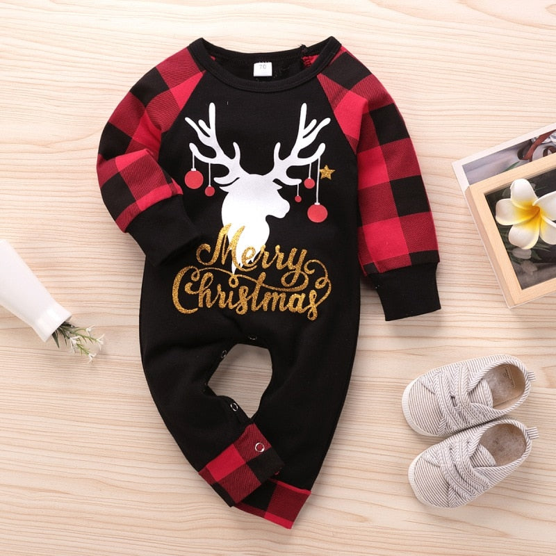 Santa's Elk Romper Red Plaid Christmas Romper