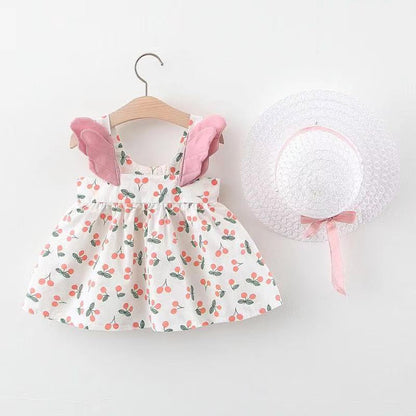 Polka Playtime: Girl’s Polka Dot Beach Princess Dress with Angelic Wing Sleeves & Matching Sun Hat