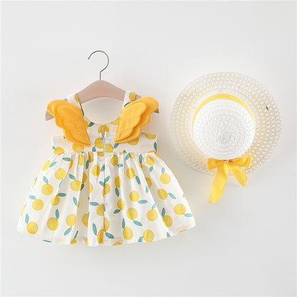 Polka Playtime: Girl’s Polka Dot Beach Princess Dress with Angelic Wing Sleeves & Matching Sun Hat