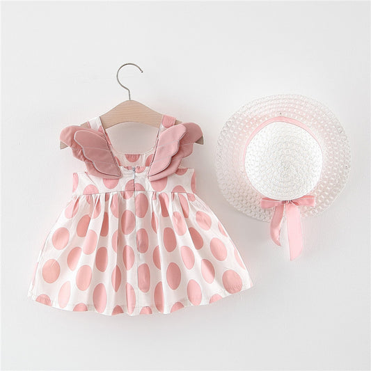 Polka Playtime: Girl’s Polka Dot Beach Princess Dress with Angelic Wing Sleeves & Matching Sun Hat