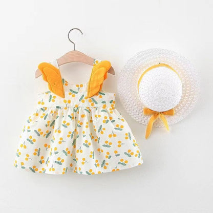 Polka Playtime: Girl’s Polka Dot Beach Princess Dress with Angelic Wing Sleeves & Matching Sun Hat