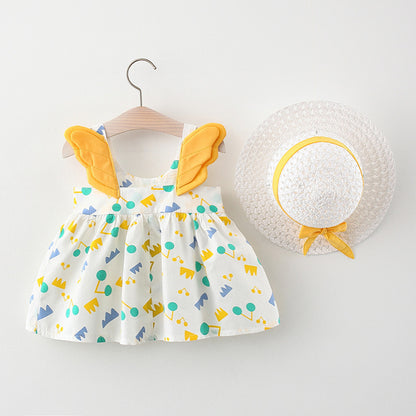 Polka Playtime: Girl’s Polka Dot Beach Princess Dress with Angelic Wing Sleeves & Matching Sun Hat