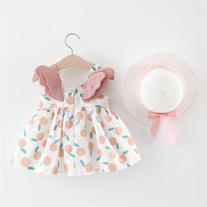 Polka Playtime: Girl’s Polka Dot Beach Princess Dress with Angelic Wing Sleeves & Matching Sun Hat