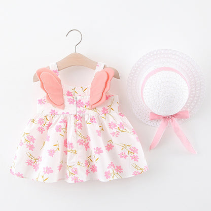 Polka Playtime: Girl’s Polka Dot Beach Princess Dress with Angelic Wing Sleeves & Matching Sun Hat