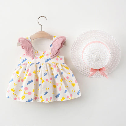 Polka Playtime: Girl’s Polka Dot Beach Princess Dress with Angelic Wing Sleeves & Matching Sun Hat