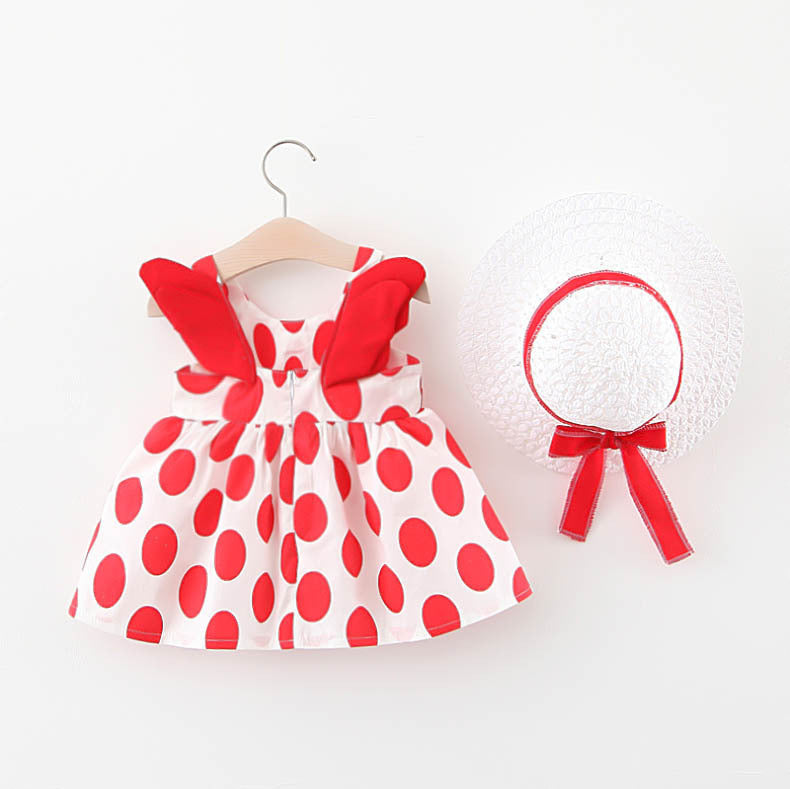 Polka Playtime: Girl’s Polka Dot Beach Princess Dress with Angelic Wing Sleeves & Matching Sun Hat