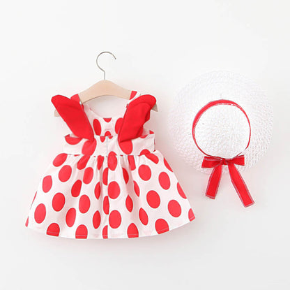 Polka Playtime: Girl’s Polka Dot Beach Princess Dress with Angelic Wing Sleeves & Matching Sun Hat