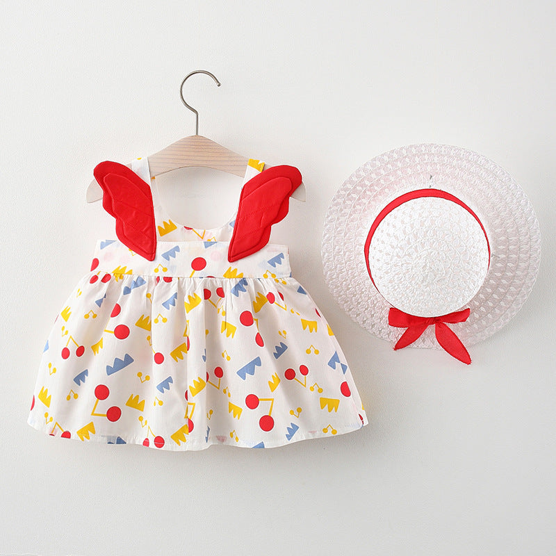 Polka Playtime: Girl’s Polka Dot Beach Princess Dress with Angelic Wing Sleeves & Matching Sun Hat