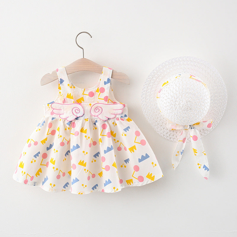 Polka Playtime: Girl’s Polka Dot Beach Princess Dress with Angelic Wing Sleeves & Matching Sun Hat