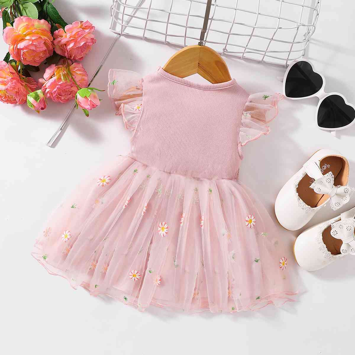 Embroidered Round Neck Flutter Sleeve Dress